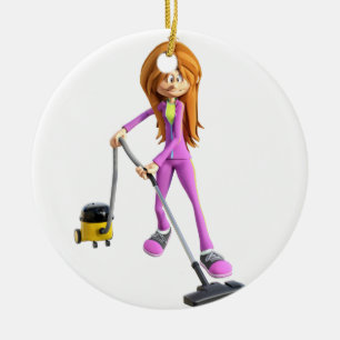 Cartoon Woman Using a Vacuum Ceramic Tree Decoration