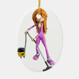 Cartoon Woman Using a Vacuum Ceramic Tree Decoration