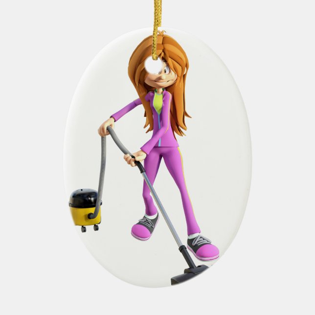 Cartoon Woman Using a Vacuum Ceramic Tree Decoration (Front)