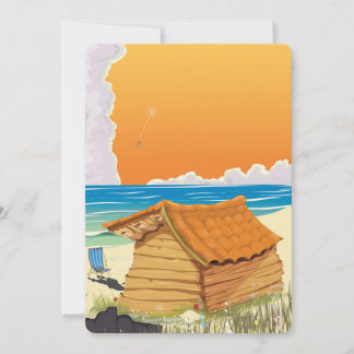 Cartoon wooden beach hut on a sandy beach invitation