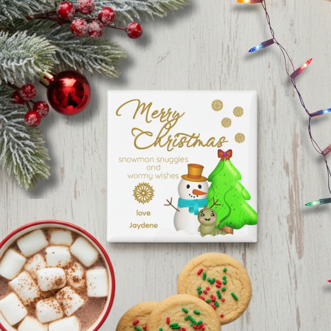 Cartoon Worm, Snowman And Christmas Tree Magnet (Cute and hand drawn for your pleasure. Customize it with your name and keep it or gift it to someone)