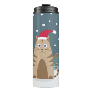Cartoon xmas cat wearing santa hat in snow thermal tumbler