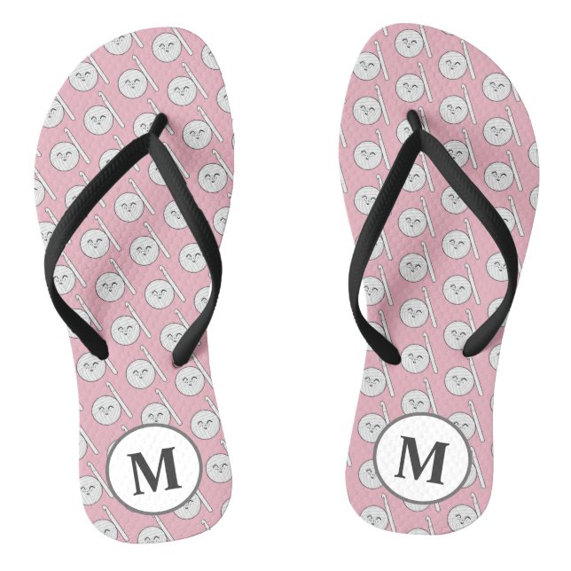 Cartoon Yarn Ball + Crochet Hook Monogram Crafts Flip Flops (Footbed)