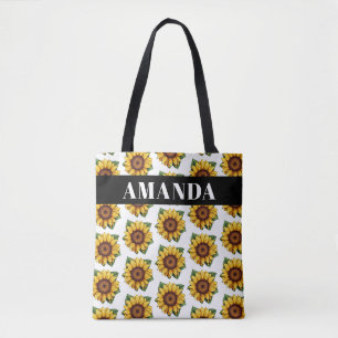 Cartoon Yellow Custom Name Sunflower Pattern Tote Bag