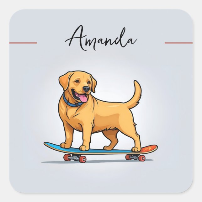 Cartoon Yellow Joyful Skateboarding Labrador Square Sticker (Front)