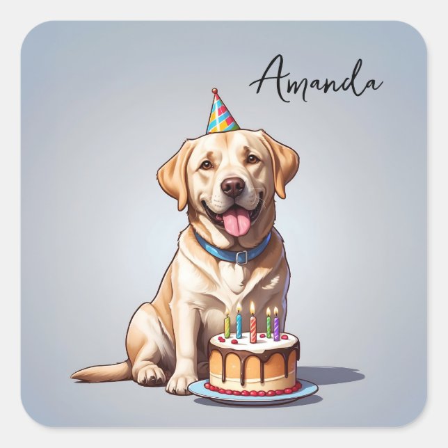 Cartoon Yellow Labrador Retriever Birthday Square Sticker (Front)
