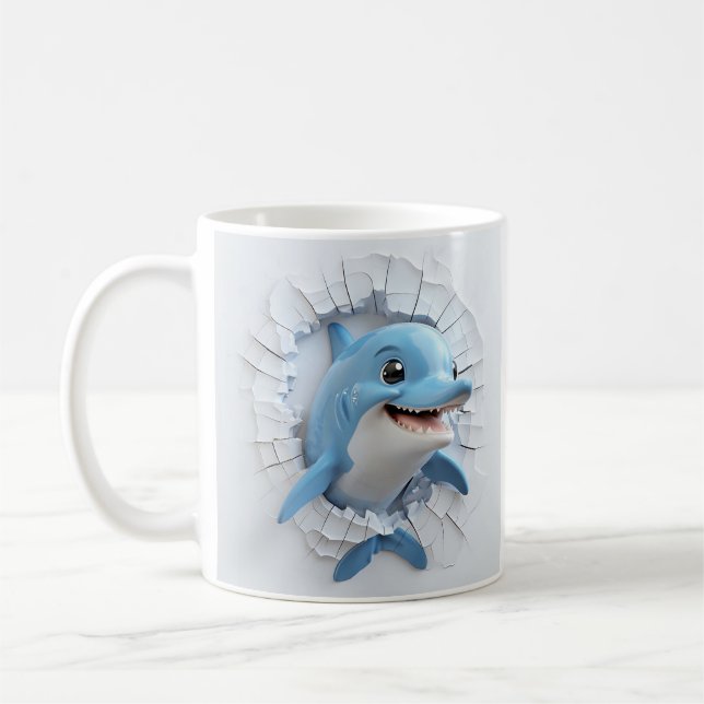 Cartoonish Blue Dolphin Through breaking wall Coffee Mug (Left)