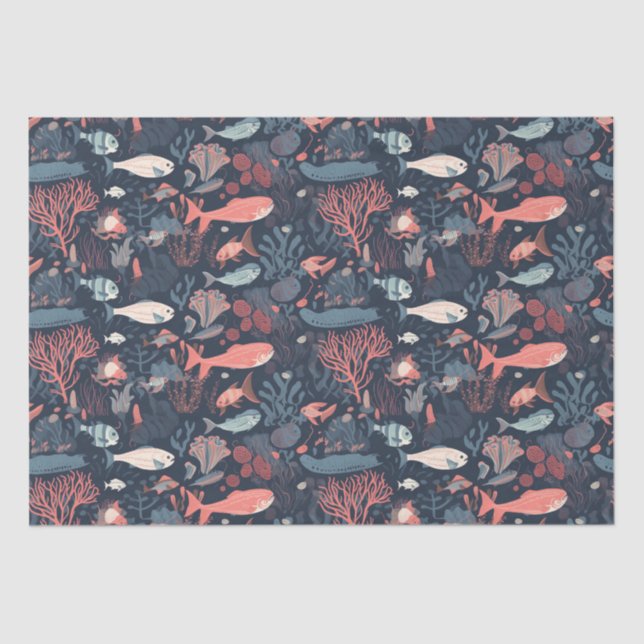 Cartoonish Fish and Sea Life Repeating Pattern Tissue Paper (Front)