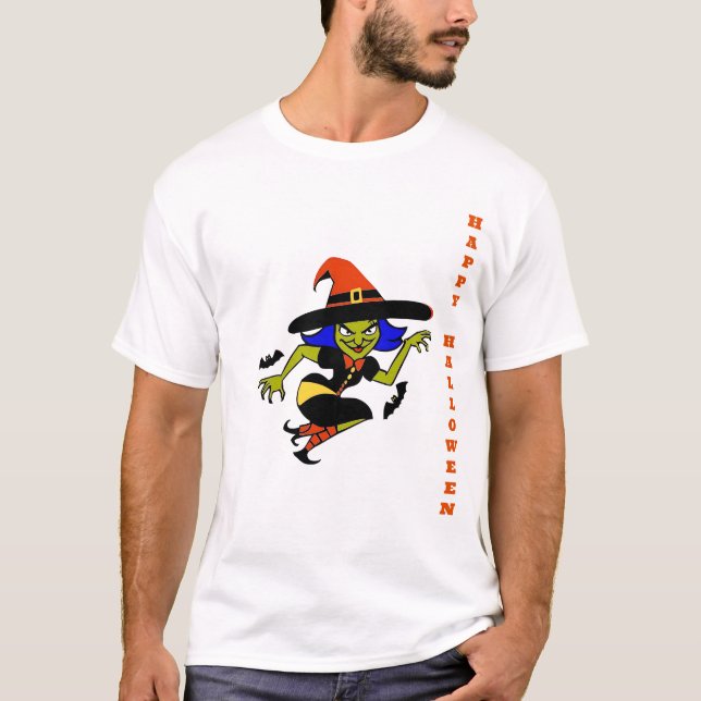 Cartoonish mischief green witch Halloween T-Shirt (Front)