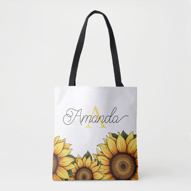 Cartoonish Yellow Custom Monogram Name Sunflower Tote Bag (Front)
