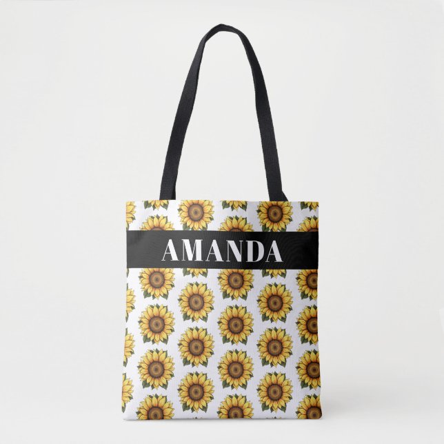 Cartoonish Yellow Custom Name Sunflower Pattern Tote Bag (Front)