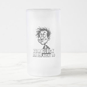 Cartoonkunst mit „Zum Glück…“-Zitat Frosted Glass Beer Mug