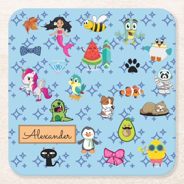 Cartoons sparkles cute blue kids cartoons name  square paper coaster (Front)