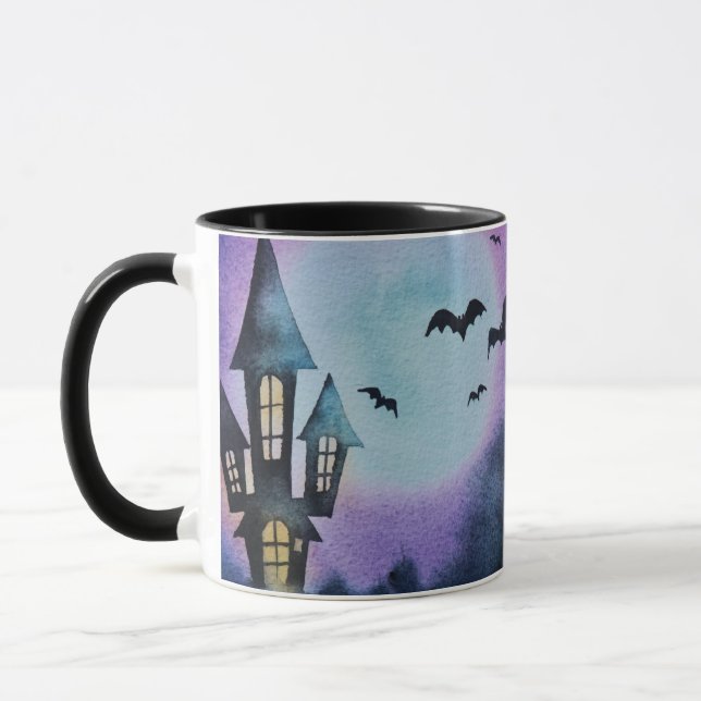 Cartoony Haunted House Full Moon Halloween Mug (Left)