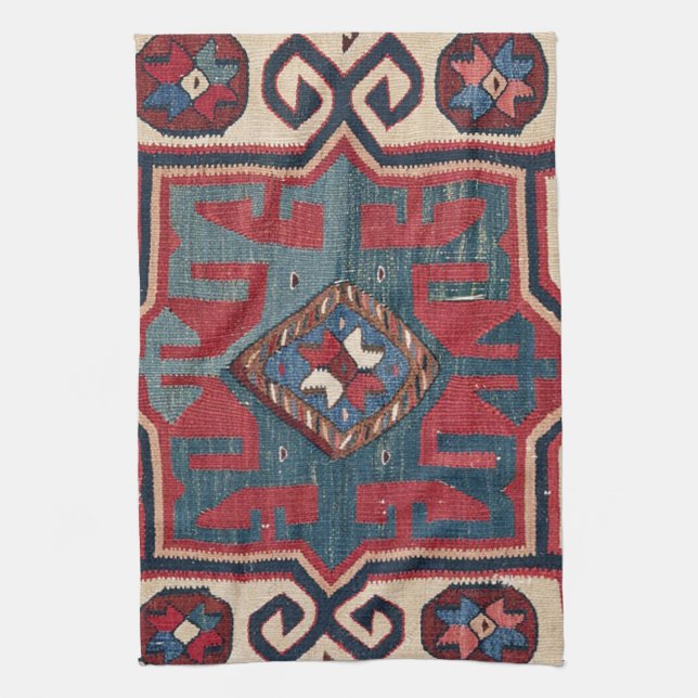 Cartouche Star II 19th Century Colourful Red Blue Tea Towel (Vertical)