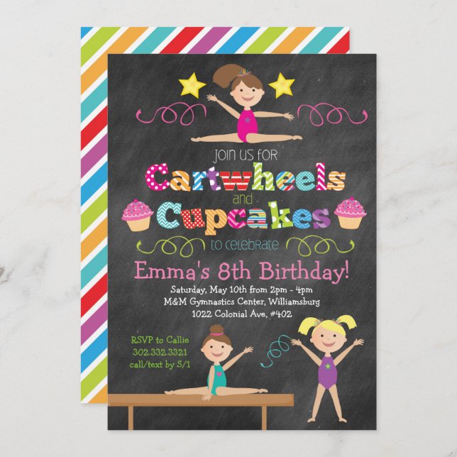 Cartwheels & Cupcakes Chalkboard Gymnastics Party Invitation (Front/Back)