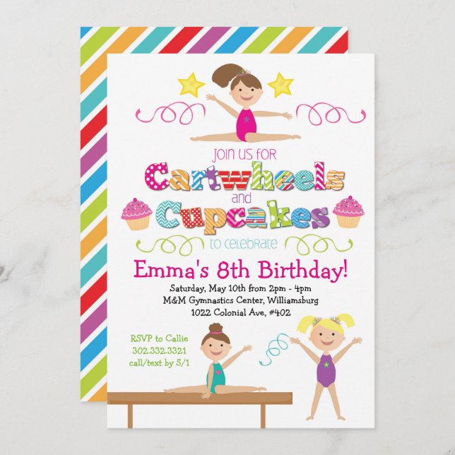 Cartwheels & Cupcakes Gymnastics Birthday Party Invitation (Front/Back)