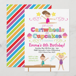 Cartwheels & Cupcakes Gymnastics Birthday Party Invitation