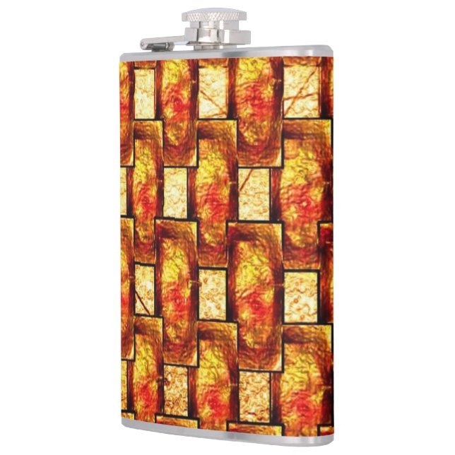Carved and stained brown orange rectangular plates hip flask (Left)