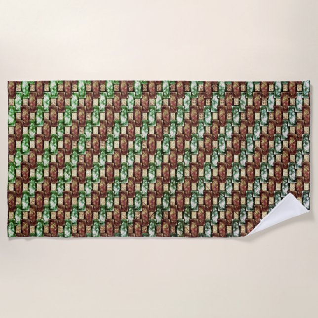 Carved and stained green brown rectangular pieces beach towel (Front)