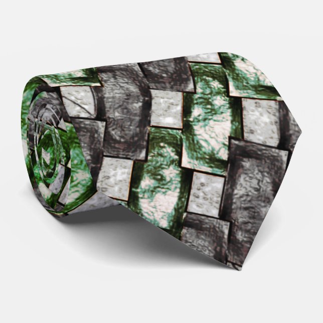 Carved and stained green grey rectangular pieces tie (Rolled)