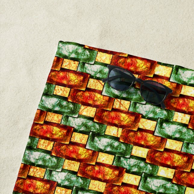 Carved and stained green orange rectangular plates beach towel (In Situ)