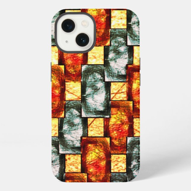 Carved and stained green red rectangular plaques iPhone case (Back)