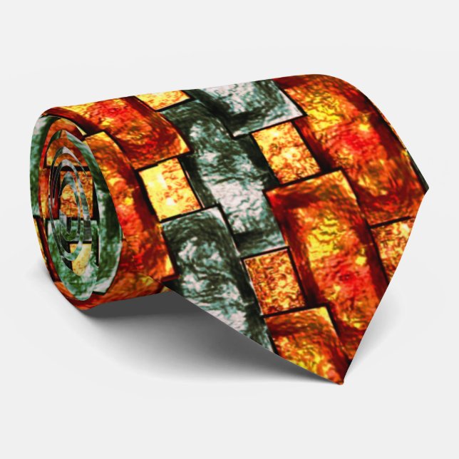 Carved and stained green red rectangular plaques tie (Rolled)