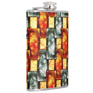Carved and stained red green rectangular plaques hip flask