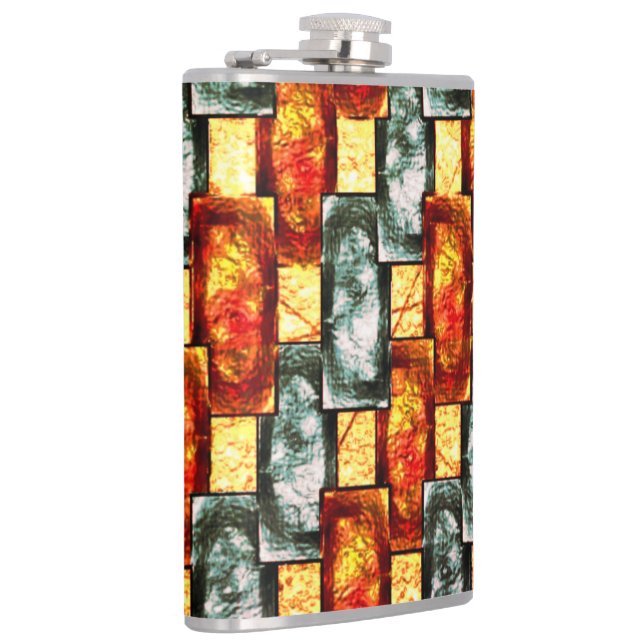 Carved and stained red green rectangular plaques hip flask (Right)