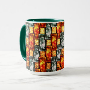 Carved and stained red green rectangular plaques mug