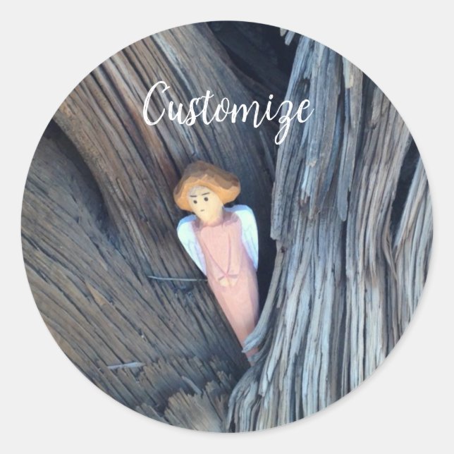 Carved angel in tree Thunder Cove Classic Round Sticker (Front)