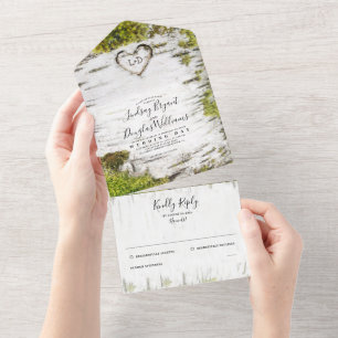 Carved Birch Tree Heart Rustic Country Wedding All In One Invitation