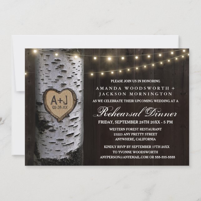 Carved Birch Tree Rehearsal Dinner Invitations (Front)