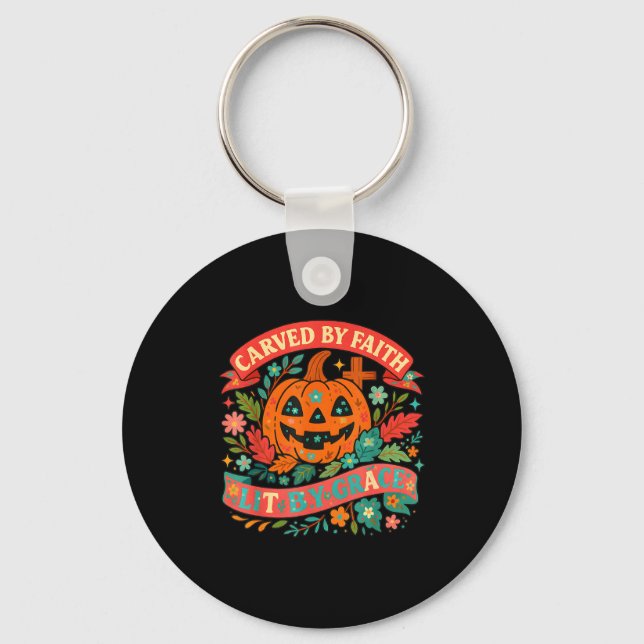 Carved By Faith Lit Grace Cute Fall Pumpkin  Key Ring (Front)
