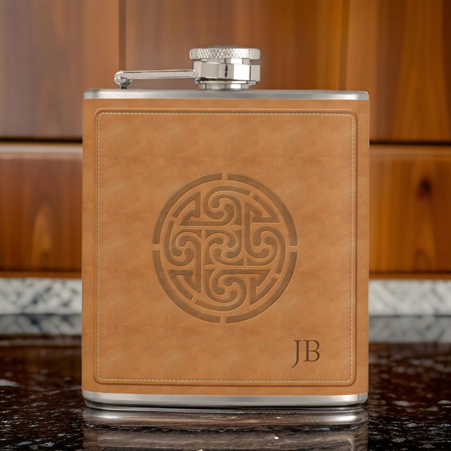 Carved Celtic Knot Faux Leather Wrapped Irish Hip Flask (Carved Celtic Knot Faux Leather Wrapped Irish Hip Flask On Marble Floor)