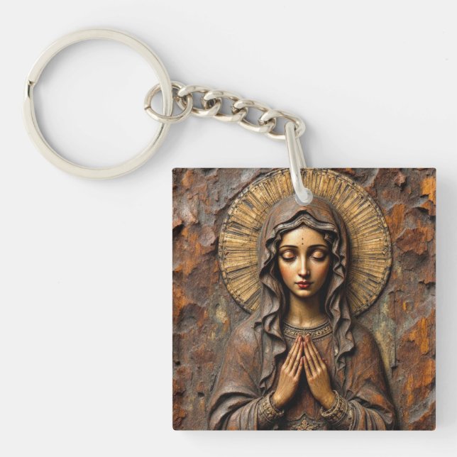 Carved Devotion  Wooden Mary Key Ring (Front)