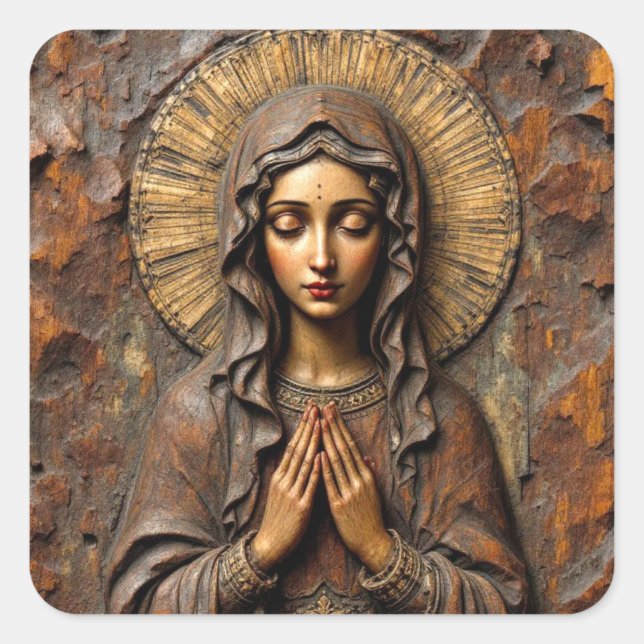 Carved Devotion  Wooden Mary Square Sticker (Front)