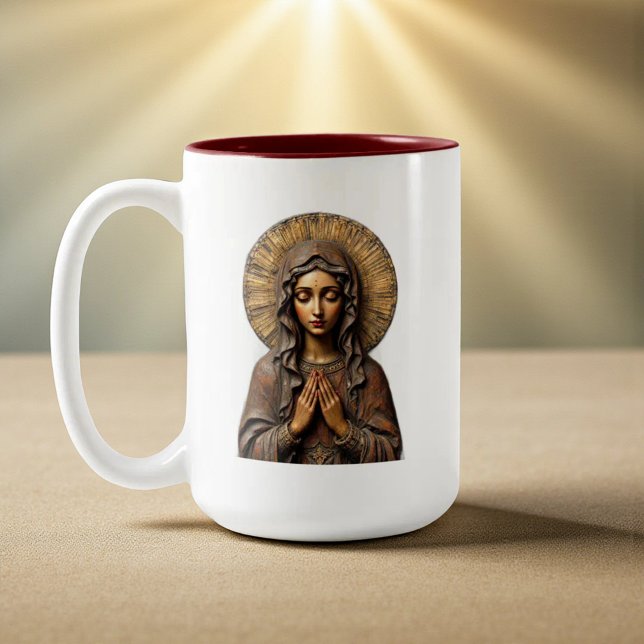 Carved Devotion  Wooden Mary Two-Tone Coffee Mug (Creator Uploaded)