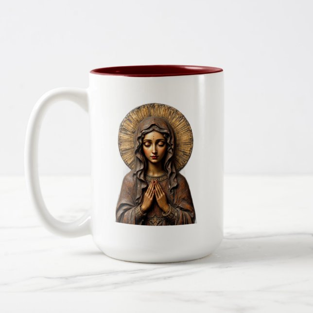 Carved Devotion  Wooden Mary Two-Tone Coffee Mug (Left)