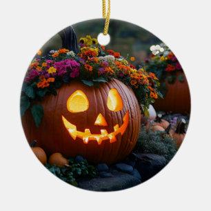 Carved Halloween pumpkins decorated with flowers Ceramic Tree Decoration