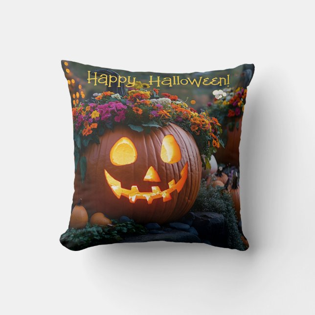 Carved Halloween pumpkins decorated with flowers Cushion (Front)