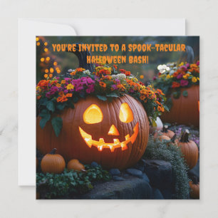Carved Halloween pumpkins decorated with flowers Invitation