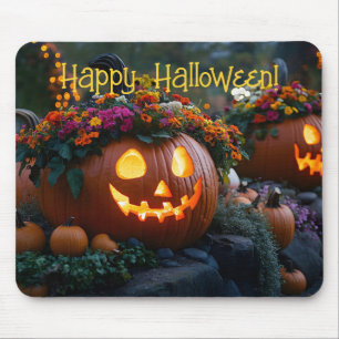 Carved Halloween pumpkins decorated with flowers Mouse Mat