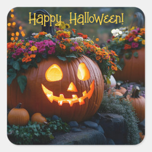 Carved Halloween pumpkins decorated with flowers Square Sticker