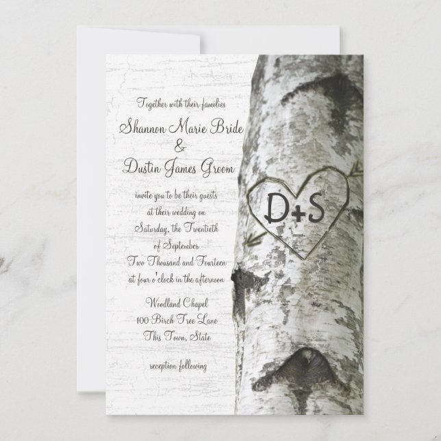 Carved Heart Birch Tree Wedding Invitation (Front)