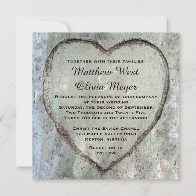 Carved Heart Birch Tree Wedding Invitation (Front)