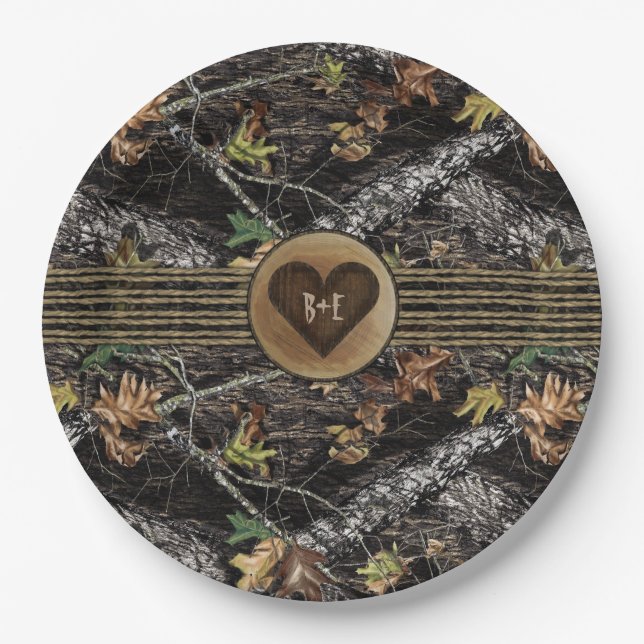 Carved Heart Hunting Camo Party Plates for Showers (Front)