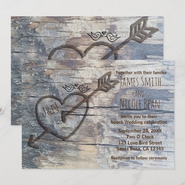 Carved Heart in Wood Love Birds Wedding Invitation (Front/Back)