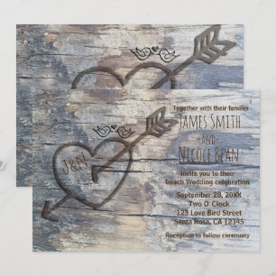 Carved Heart in Wood Love Birds Wedding Invitation
